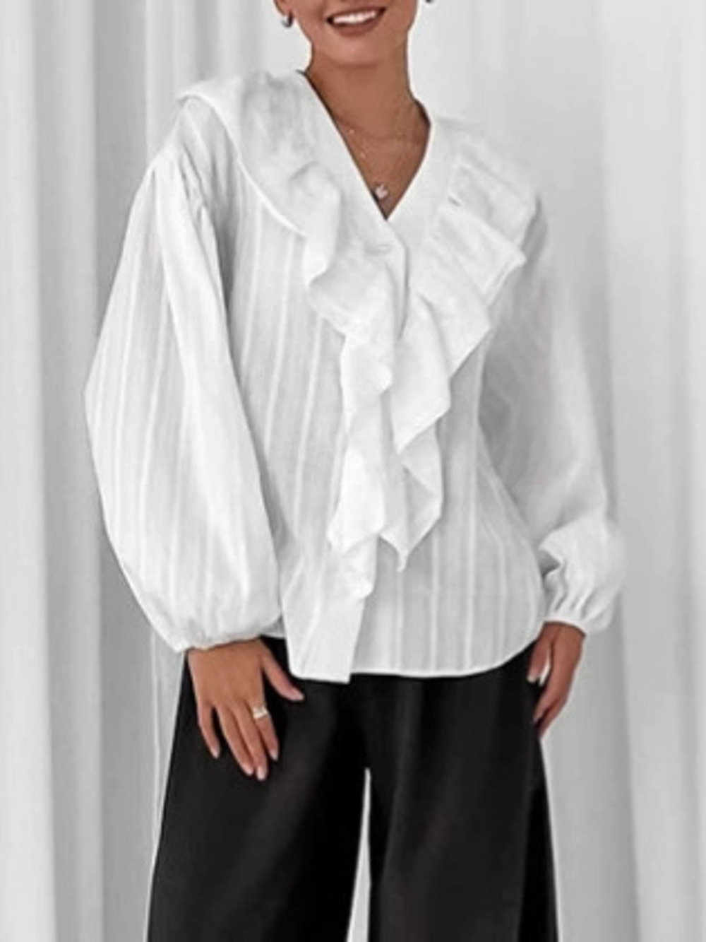 ZARA French Ruffle Collar Long Sleeve Cotton Loose Casual Fall Winter Shirt